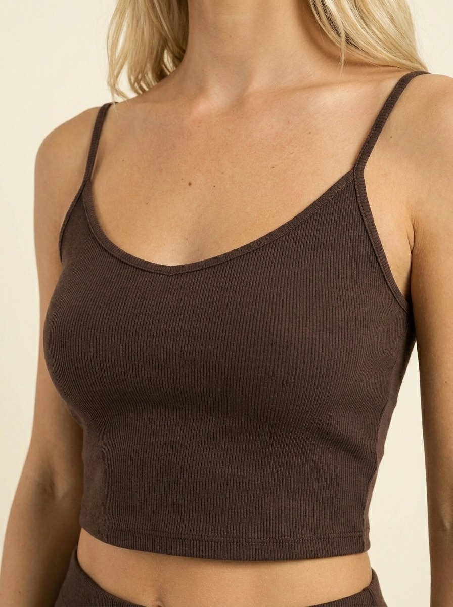 Crop Top Côtelé à Bretelles Fines — Chocolat