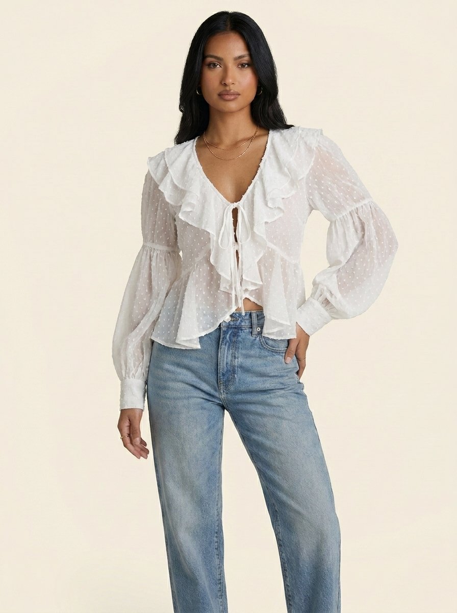 Blouse à Volants Plumetis — Blanc