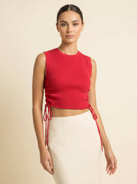 Crop Top Côtelé à Fronces Latérales — Rouge