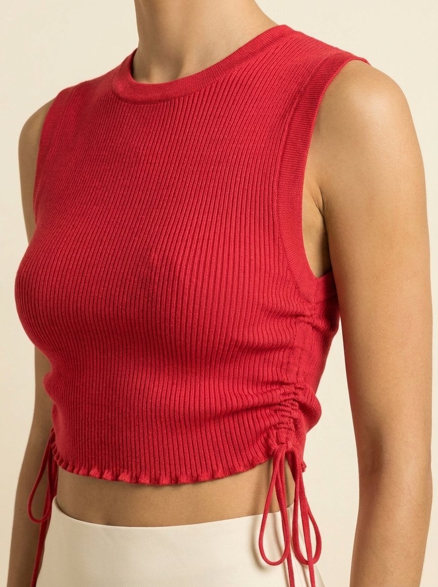 Crop Top Côtelé à Fronces Latérales — Rouge