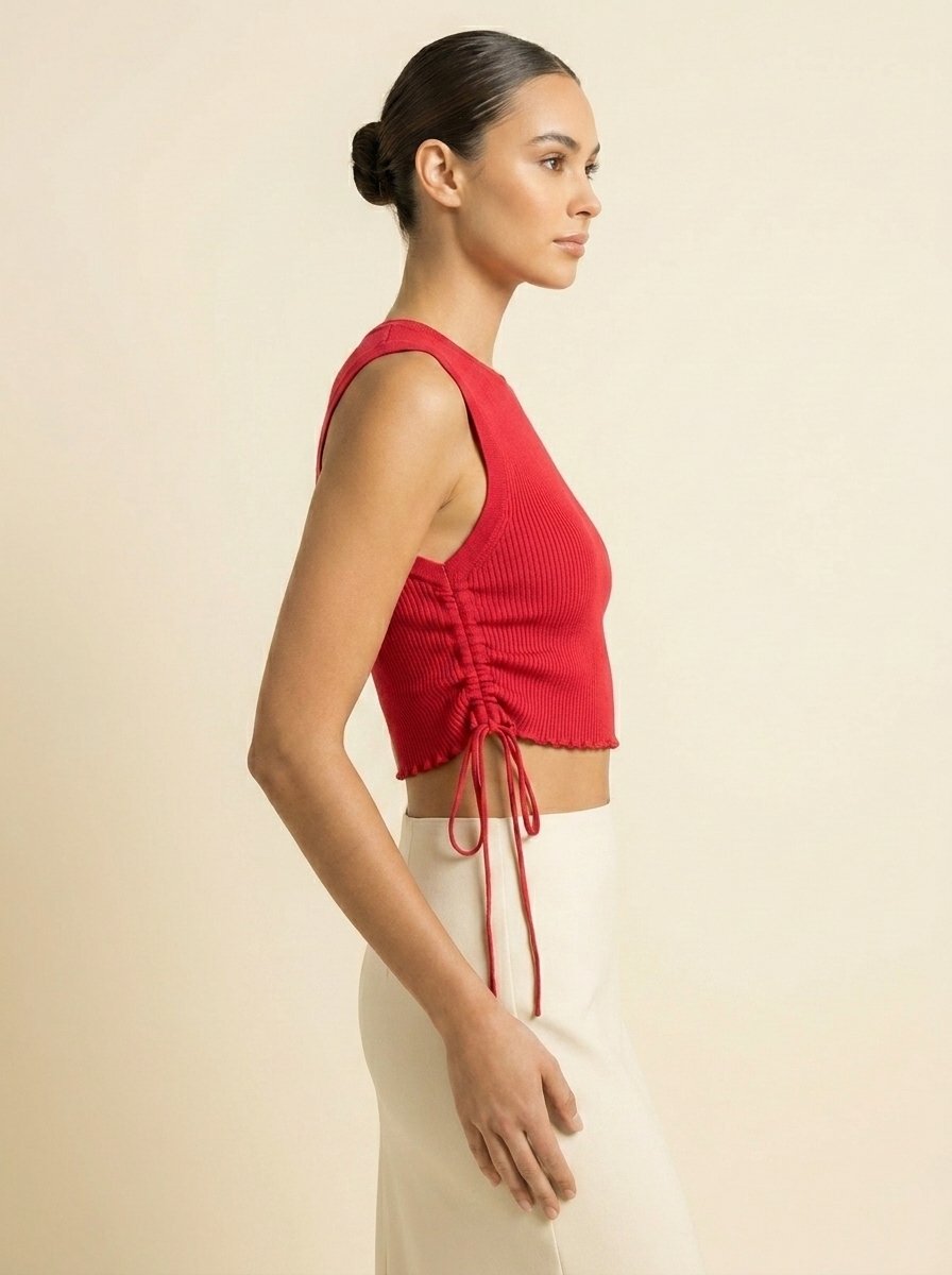 Crop Top Côtelé à Fronces Latérales — Rouge