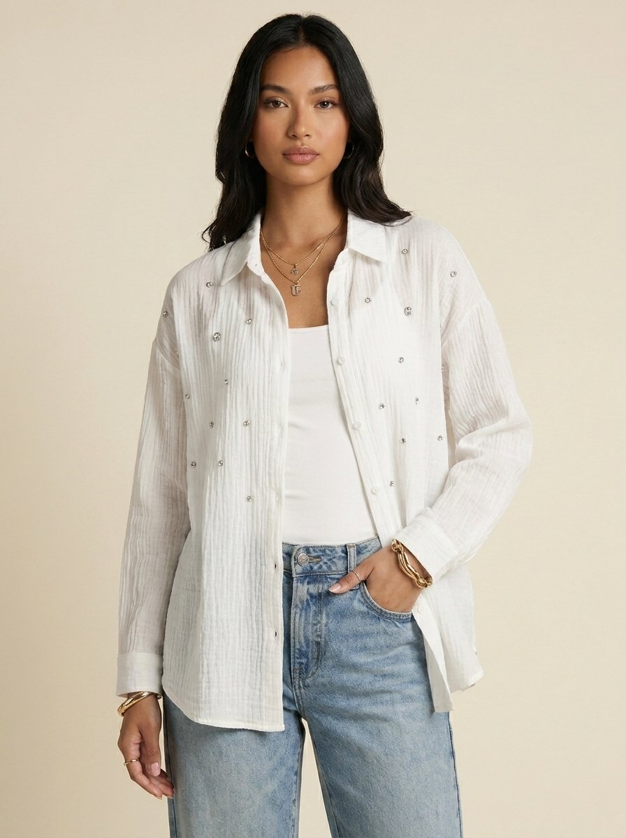 Chemise Gaze de Coton à Strass — Blanc