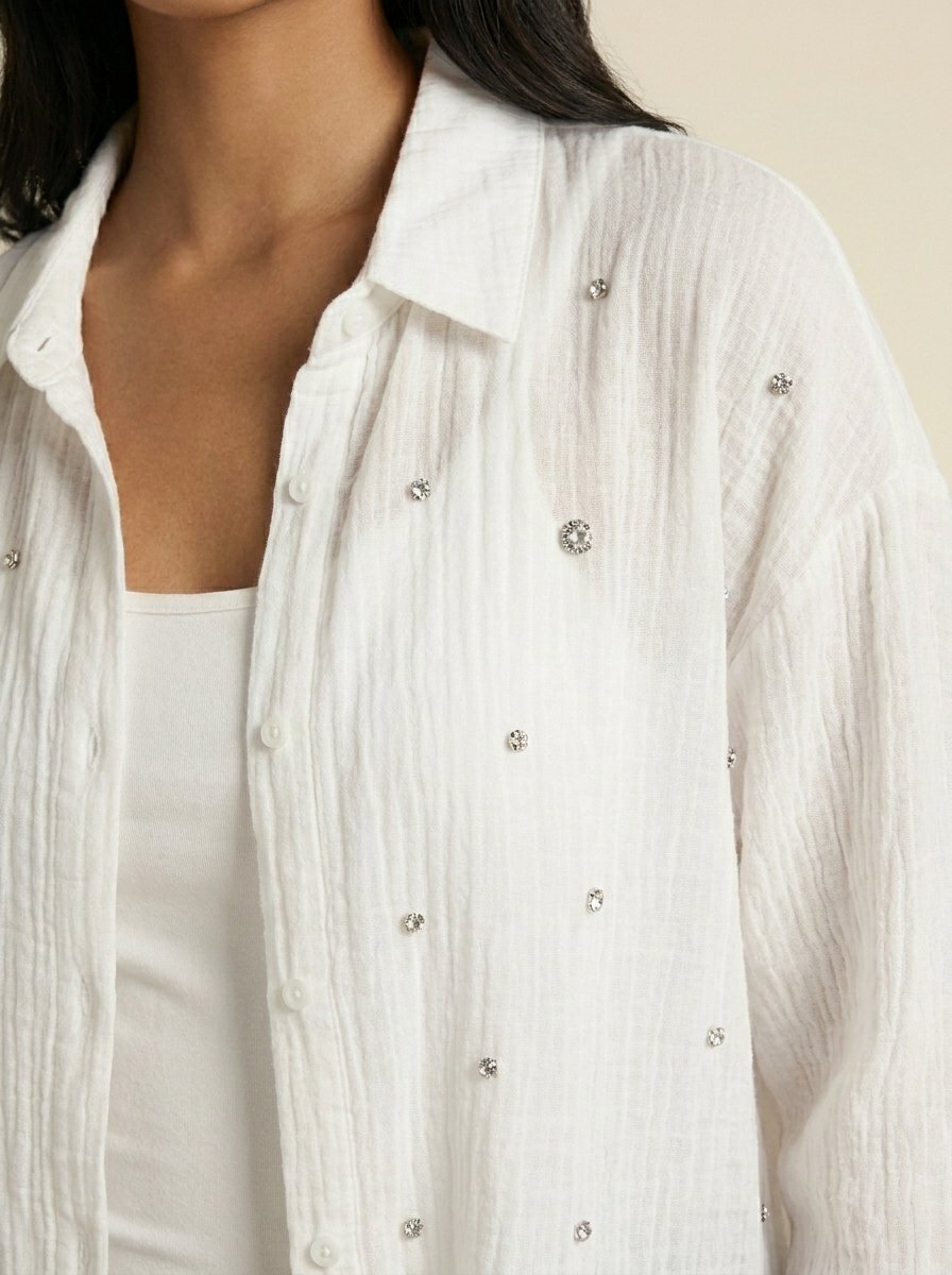 Chemise Gaze de Coton à Strass — Blanc