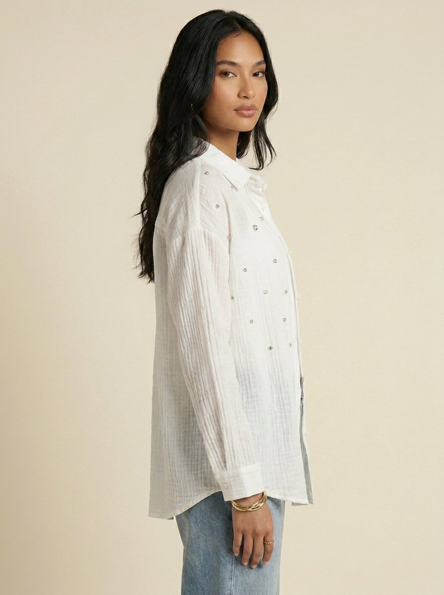 Chemise Gaze de Coton à Strass — Blanc
