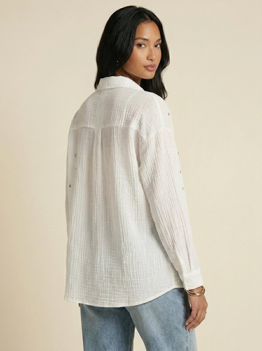Chemise Gaze de Coton à Strass — Blanc