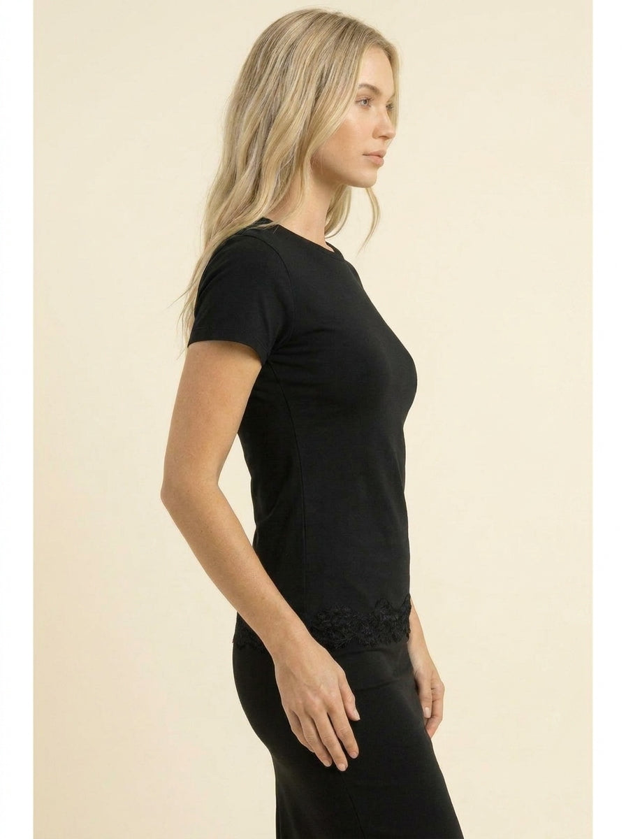 Top Manches Courtes Ourlet Dentelle — Noir