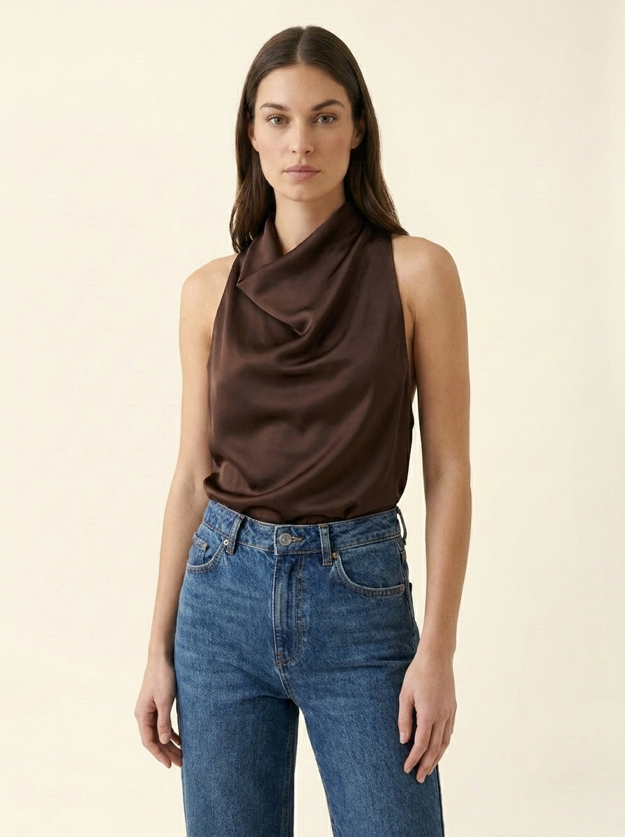 Top Drapé Sans Manches — Marron