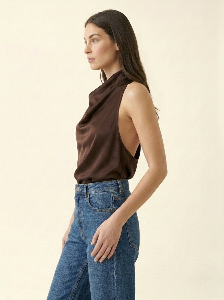 Top Drapé Sans Manches — Marron