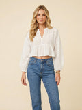 Blouse Courte Brodée Manches Ballon — Blanc