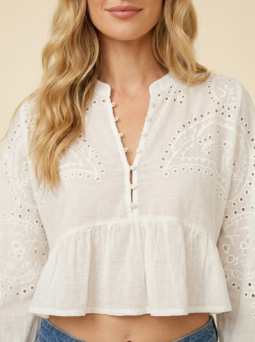 Blouse Courte Brodée Manches Ballon — Blanc