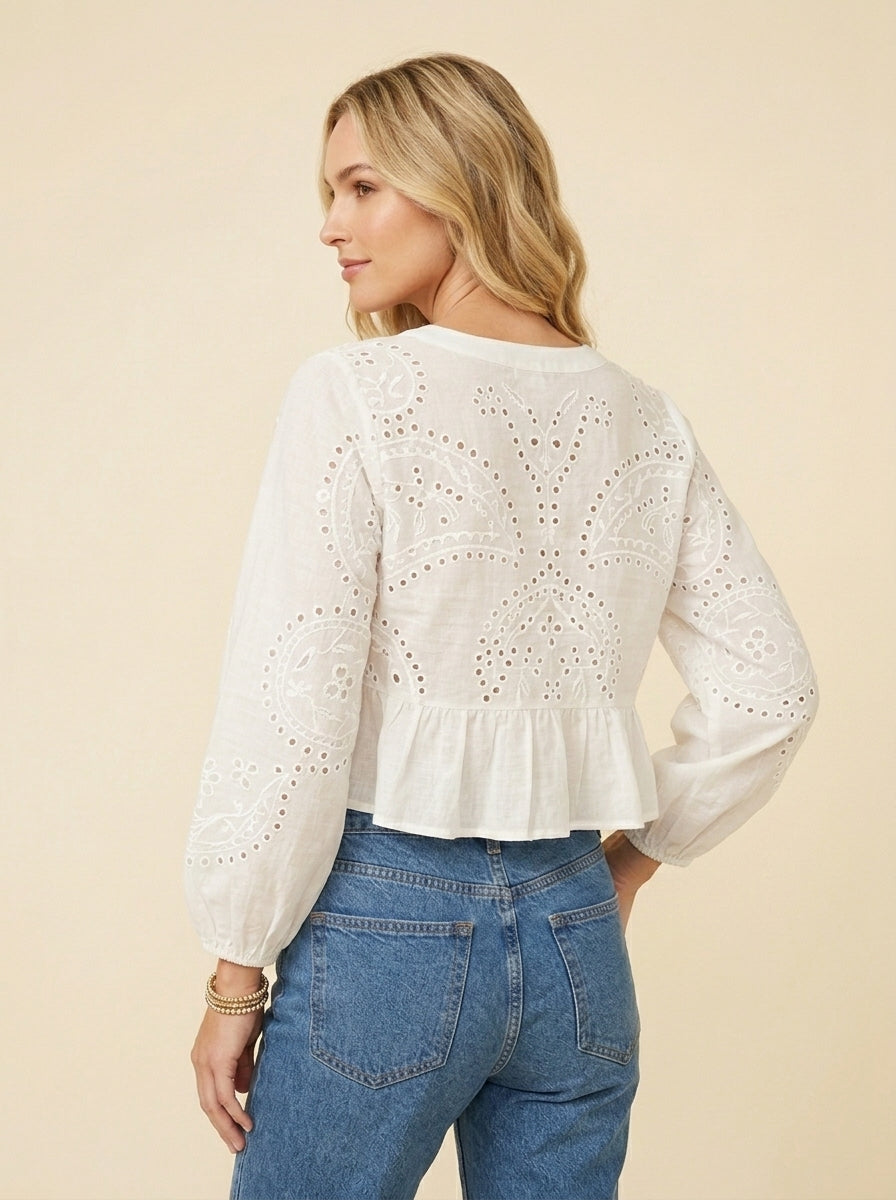 Blouse Courte Brodée Manches Ballon — Blanc
