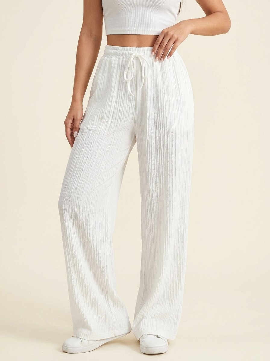 Pantalon Large Texturé Cordon — Blanc