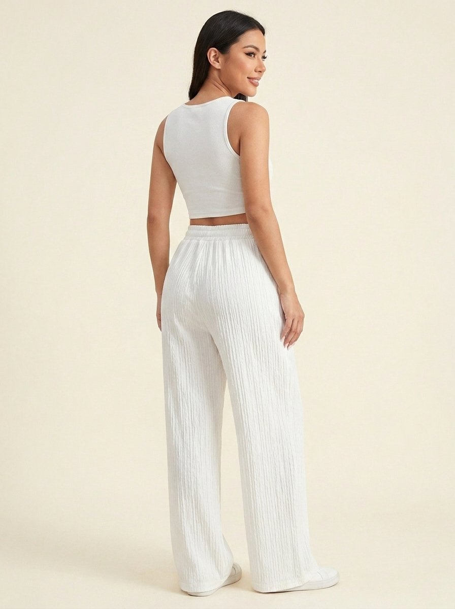 Pantalon Large Texturé Cordon — Blanc