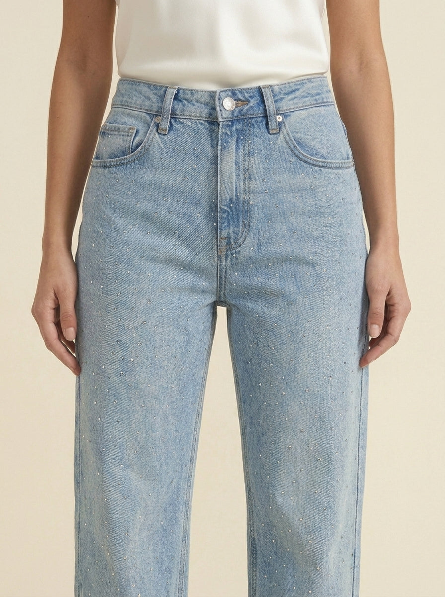 Jean Wide Leg à Strass — Bleu Clair