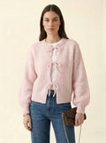 Cardigan Maille Nœuds Manches Ballon — Rose