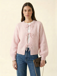 Cardigan Maille Nœuds Manches Ballon — Rose