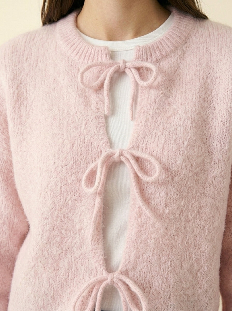 Cardigan Maille Nœuds Manches Ballon — Rose