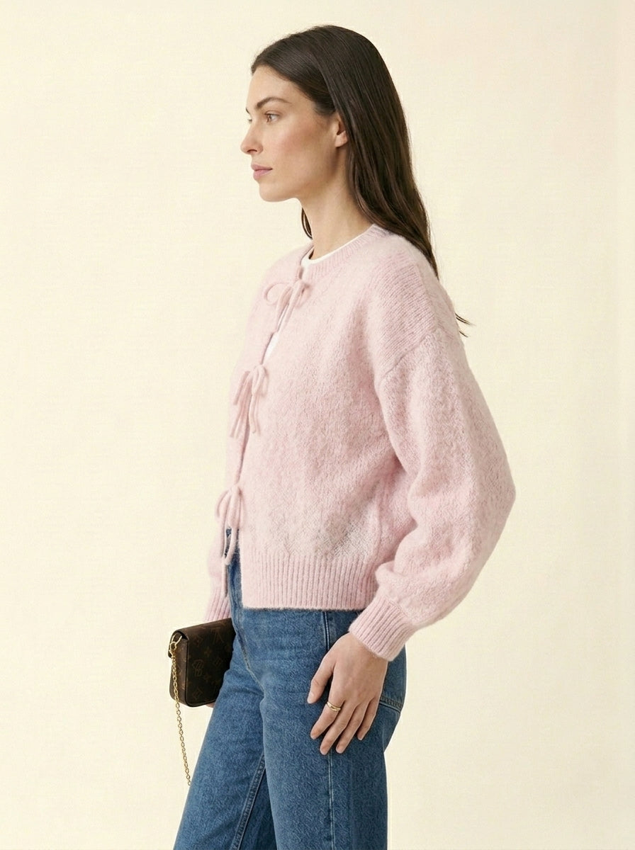 Cardigan Maille Nœuds Manches Ballon — Rose