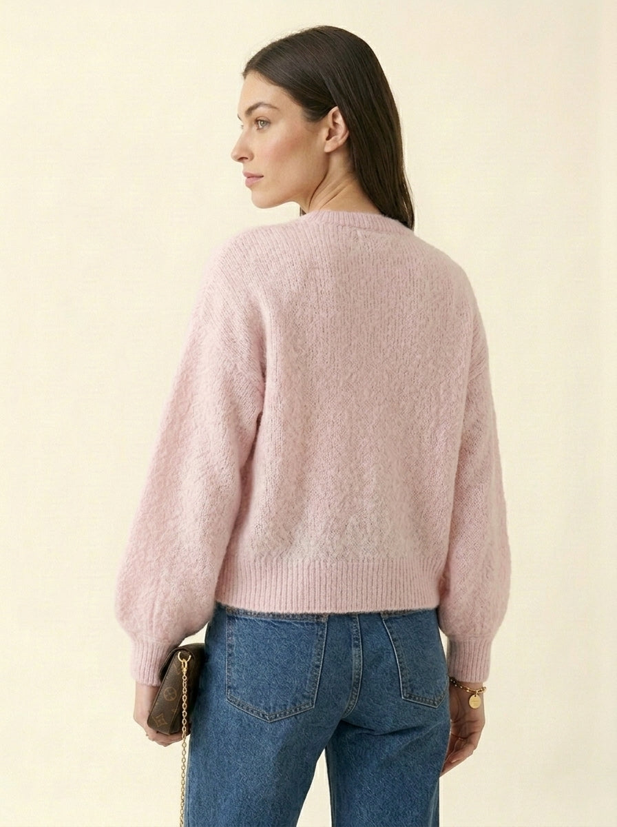 Cardigan Maille Nœuds Manches Ballon — Rose
