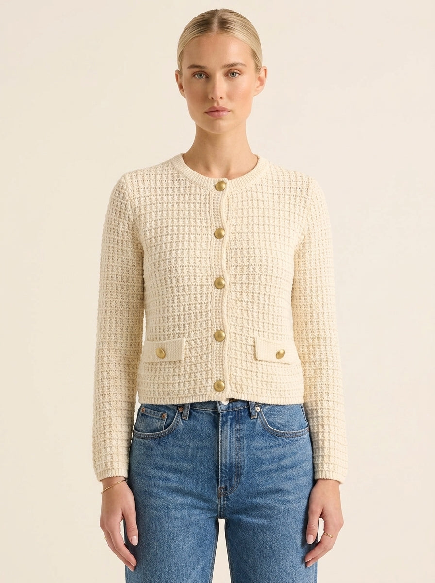 Cardigan Maille Texturée Boutons Dorés — Crème
