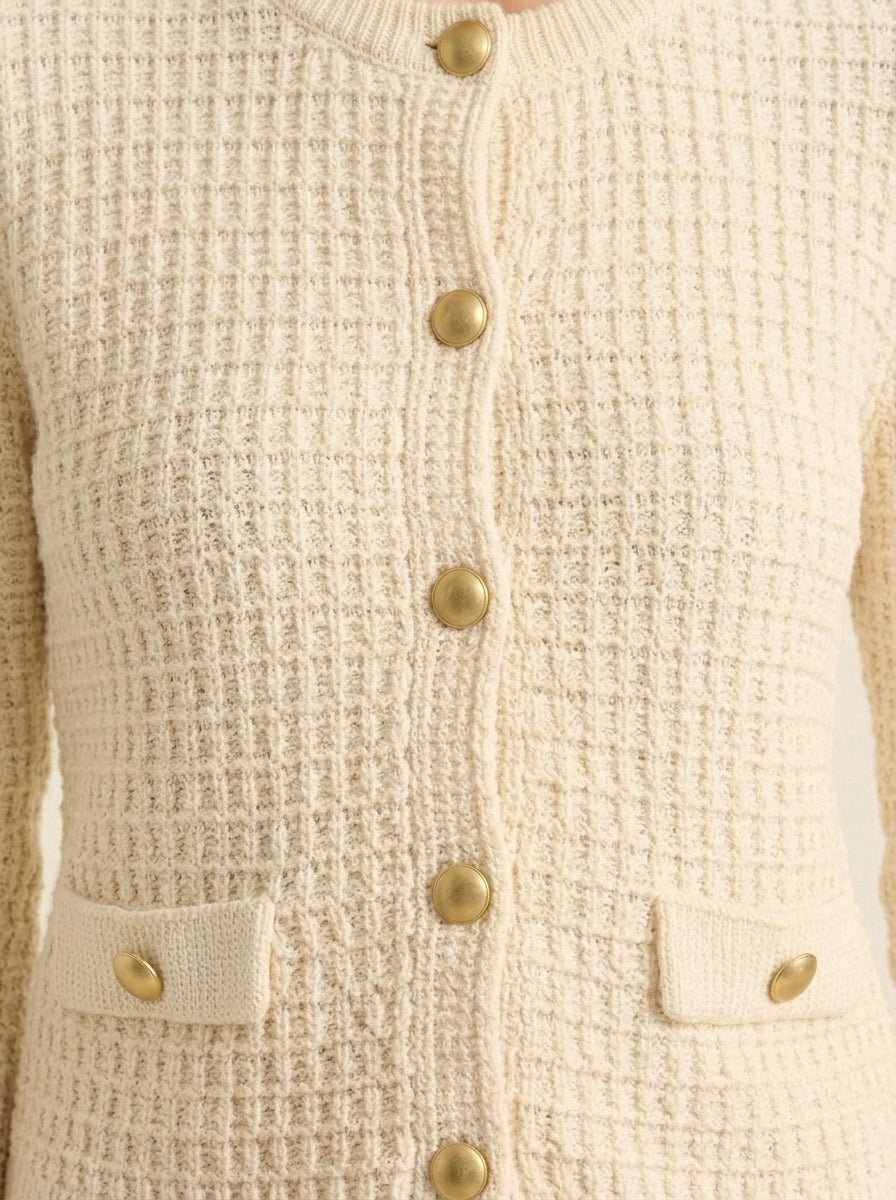 Cardigan Maille Texturée Boutons Dorés — Crème