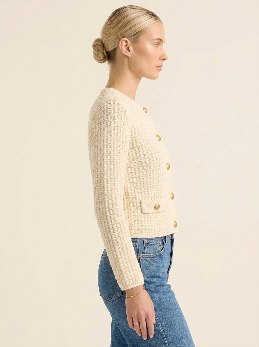 Cardigan Maille Texturée Boutons Dorés — Crème