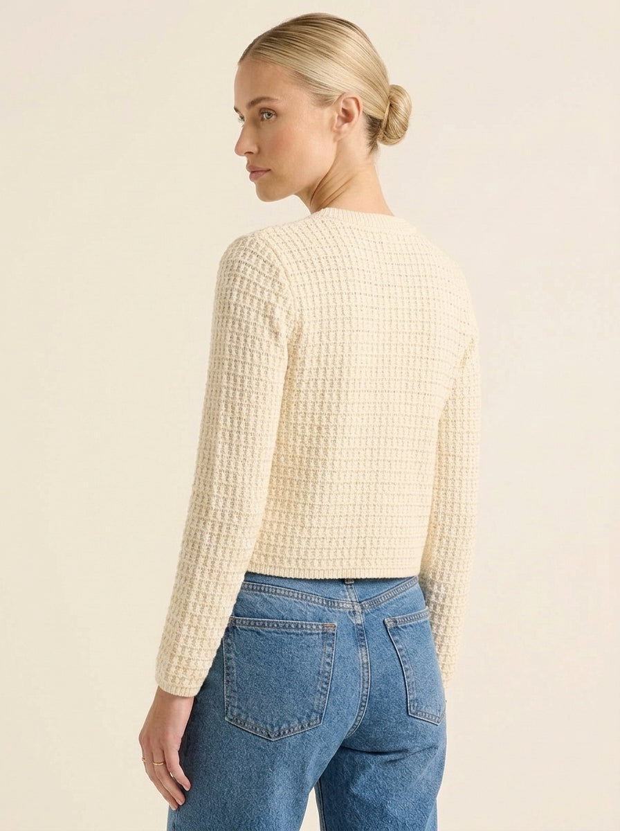 Cardigan Maille Texturée Boutons Dorés — Crème