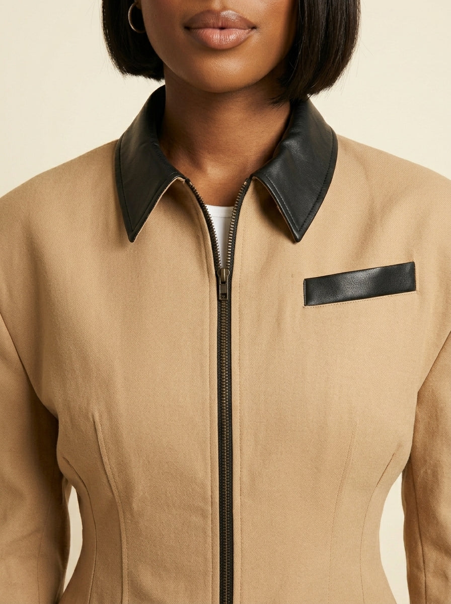 Veste Col Cuir Contrastant — Camel