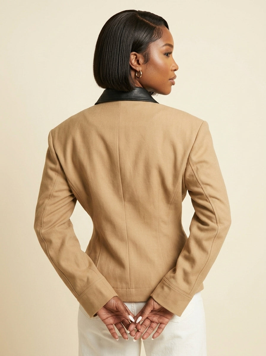 Veste Col Cuir Contrastant — Camel