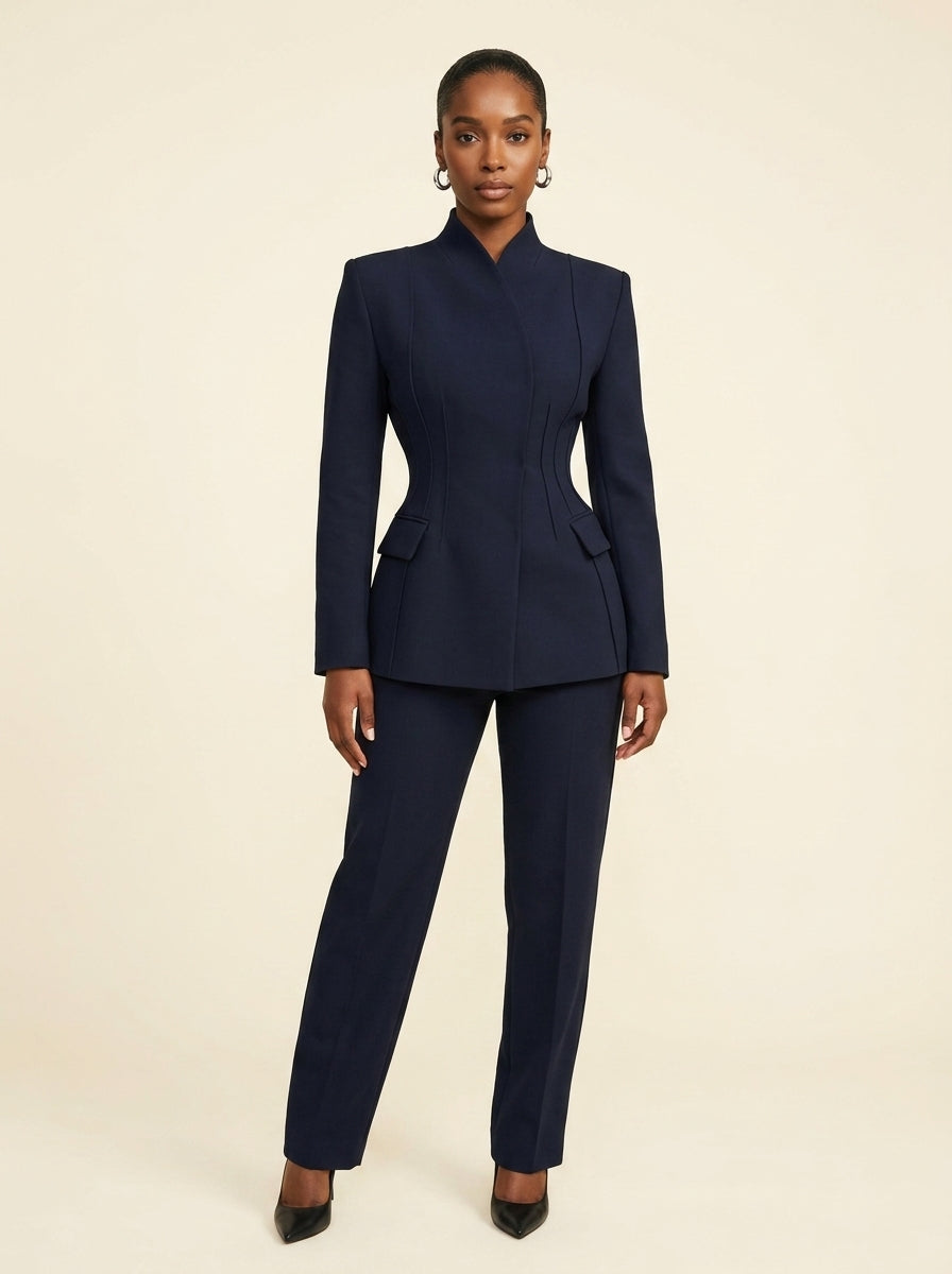Blazer Structuré Cintré Col Montant — Bleu Marine