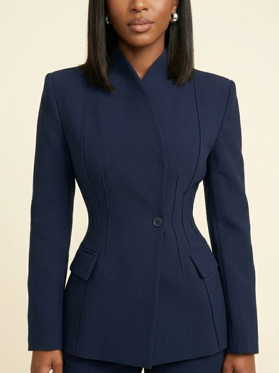 Blazer Structuré Cintré Col Montant — Bleu Marine