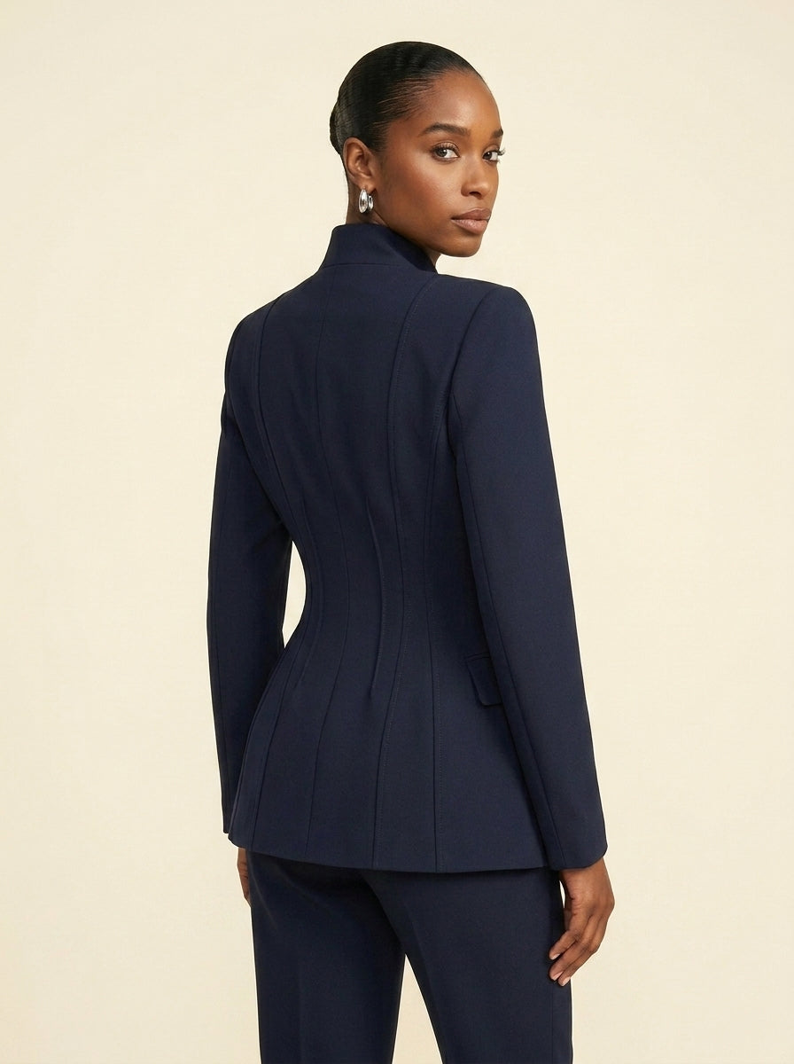 Blazer Structuré Cintré Col Montant — Bleu Marine