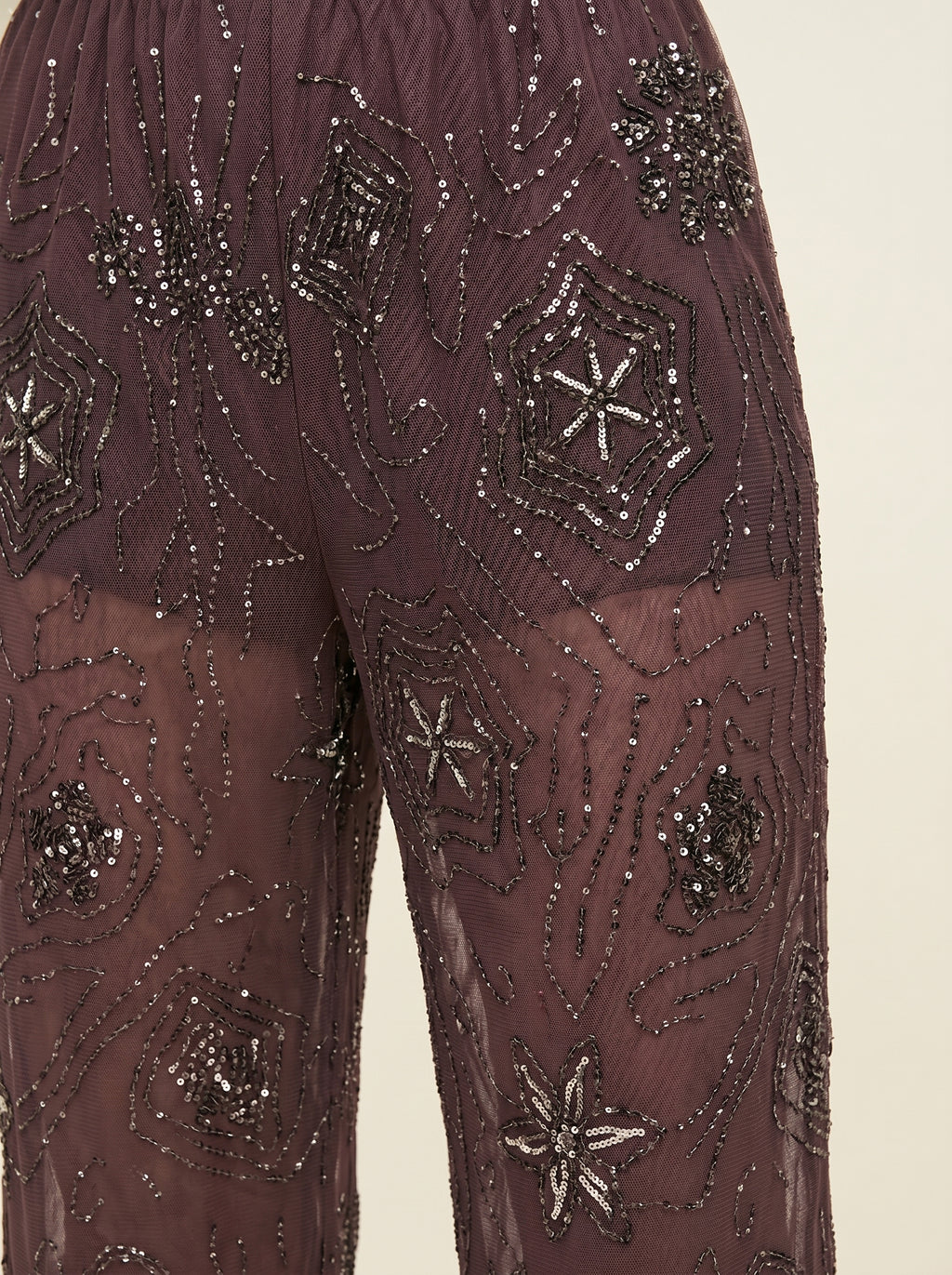 Pantalon Wide Leg à Sequins Brodés — Marron