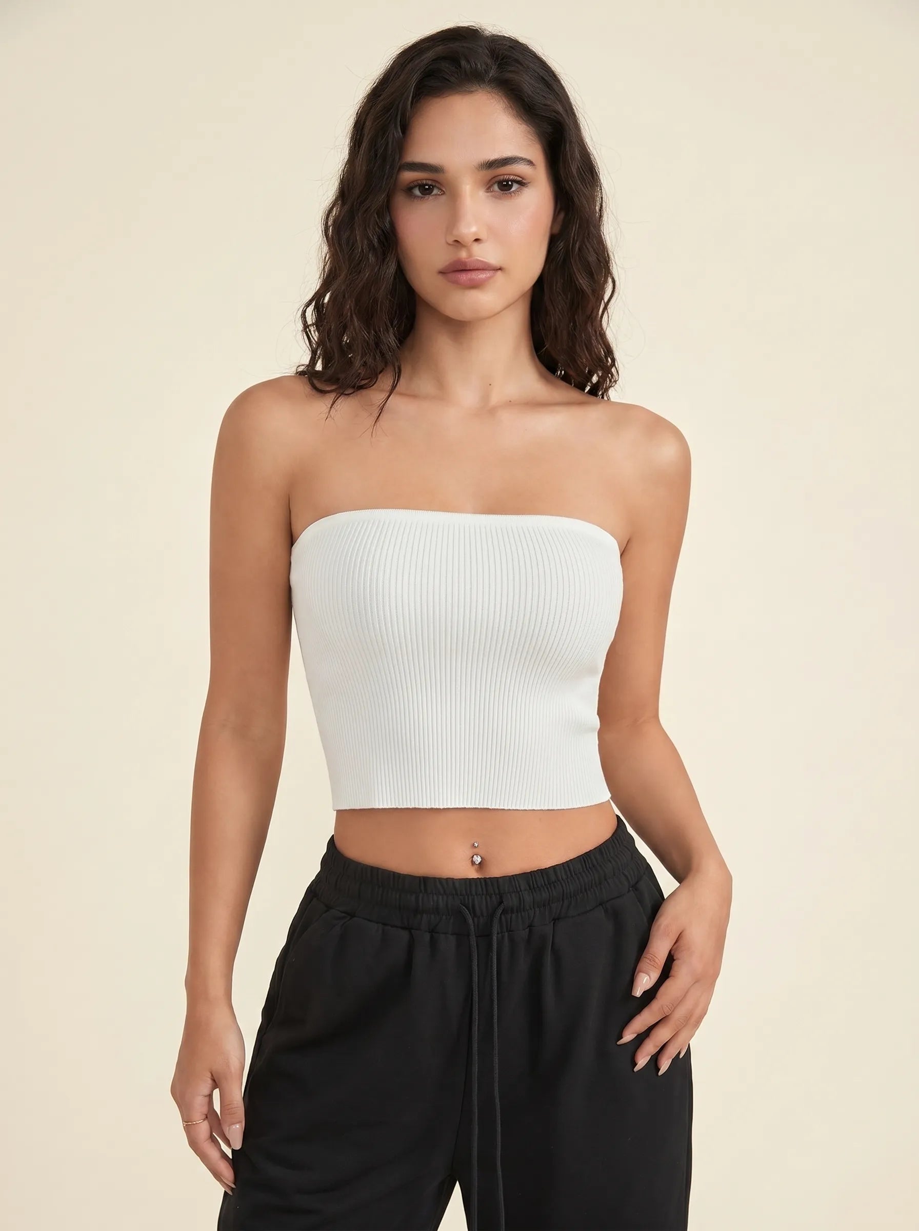 Bandeau Côtelé Sans Bretelles — Blanc / Rose