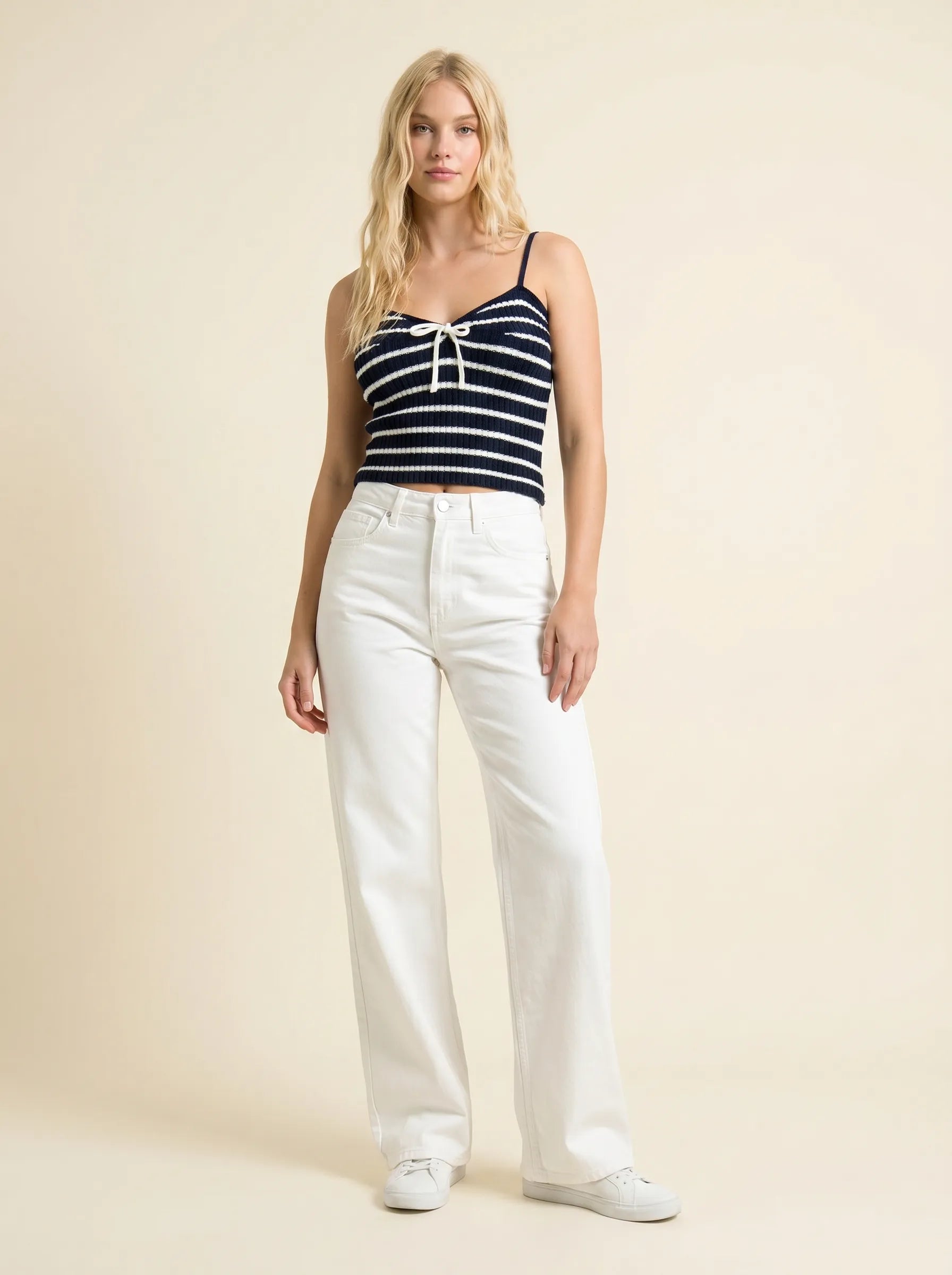 Jean Droit Taille Haute Effet Usé — Blanc