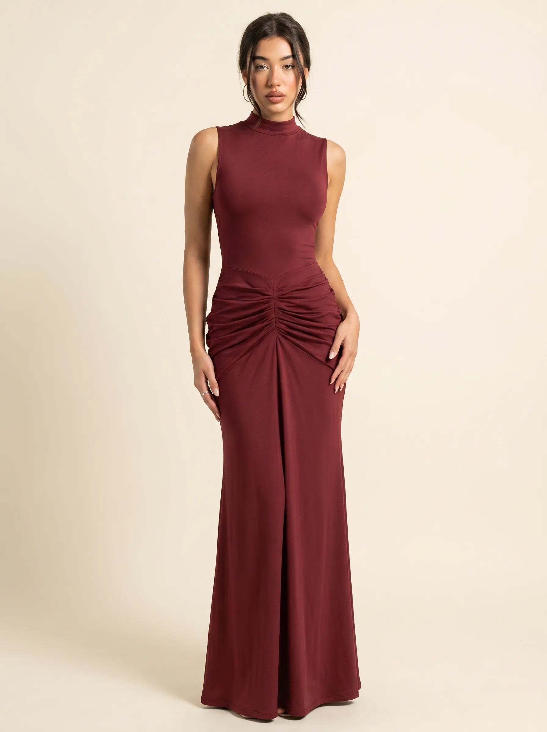Robe Maxi Drapée Col Montant Fente