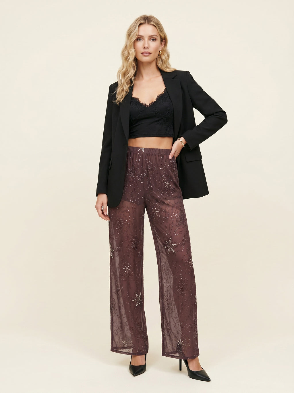 Pantalon Wide Leg à Sequins Brodés — Marron