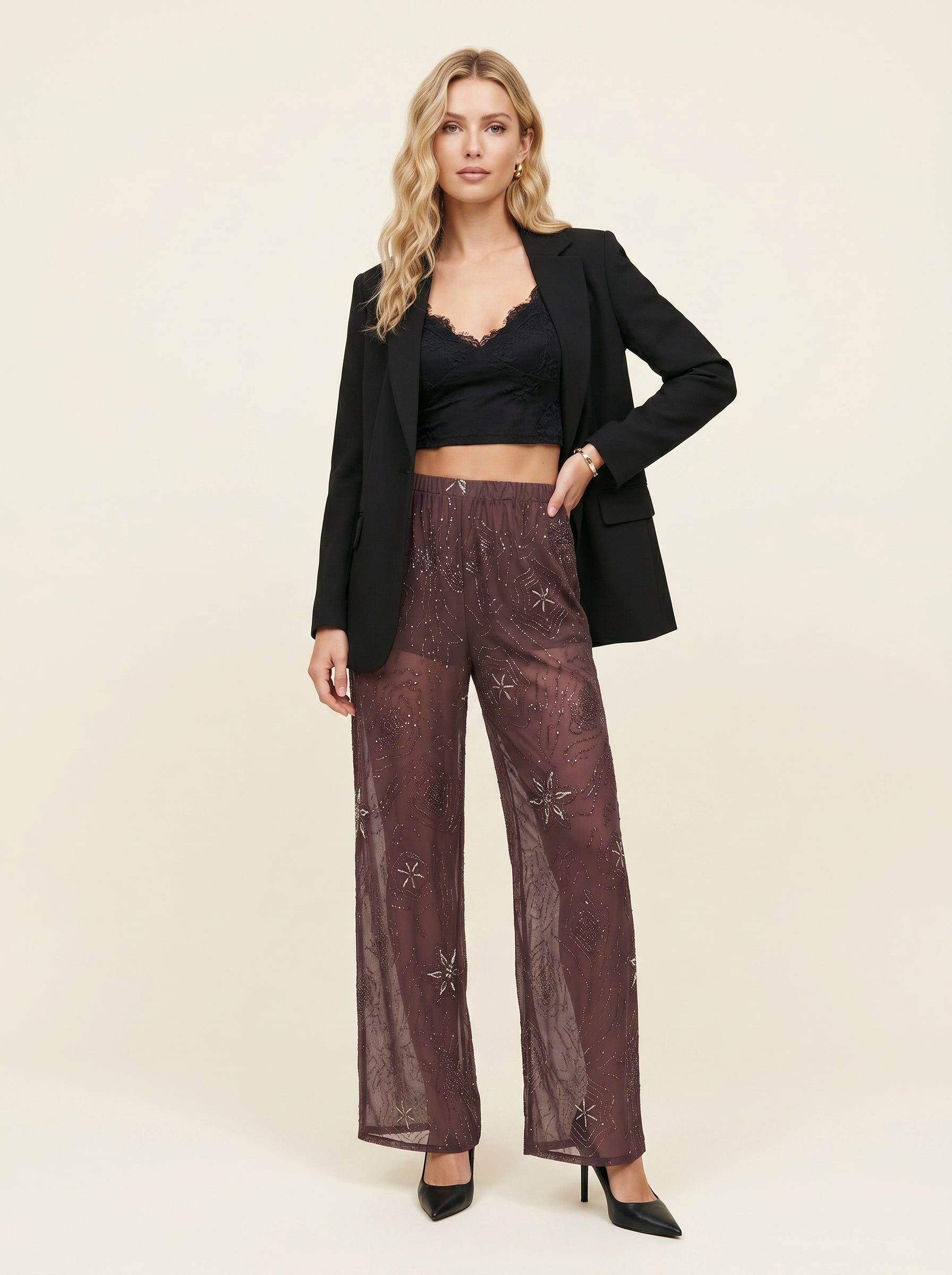 Pantalon Wide Leg à Sequins Brodés — Marron