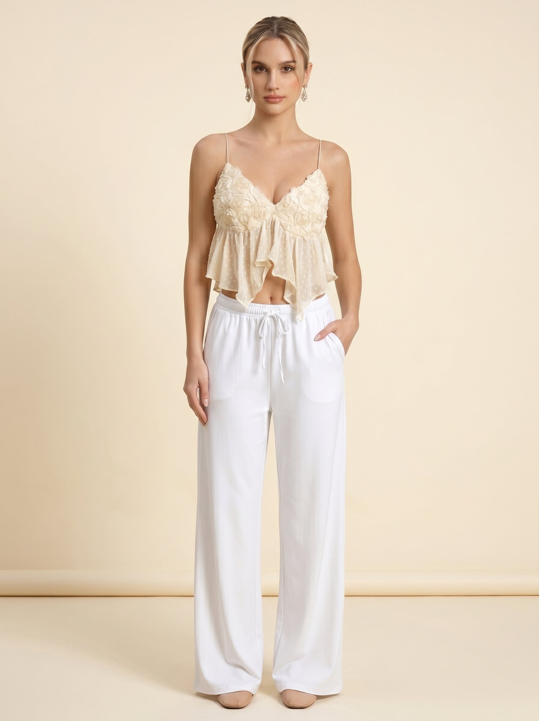 Pantalon Fluide Taille Élastique — Blanc