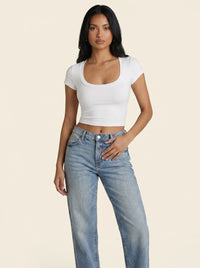 Crop Top Encolure Carrée Manches Courtes — Blanc