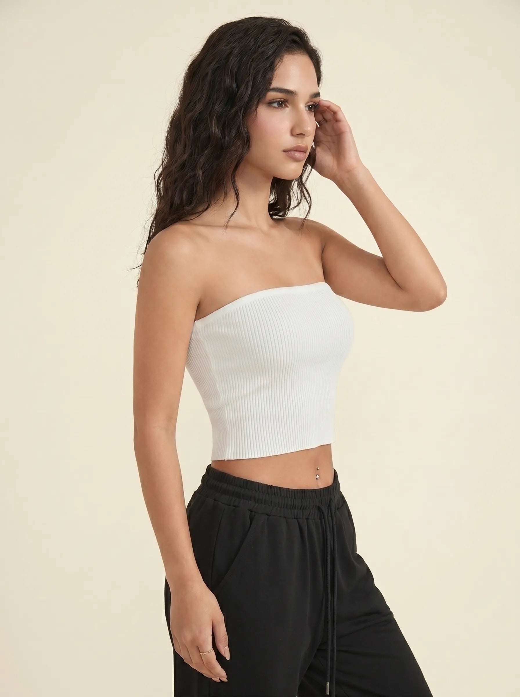 Bandeau Côtelé Sans Bretelles — Blanc / Rose