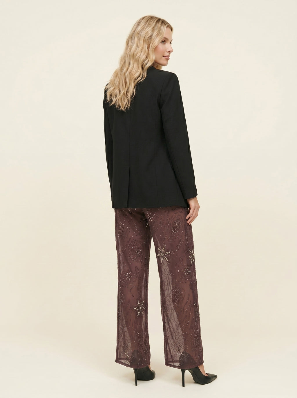 Pantalon Wide Leg à Sequins Brodés — Marron