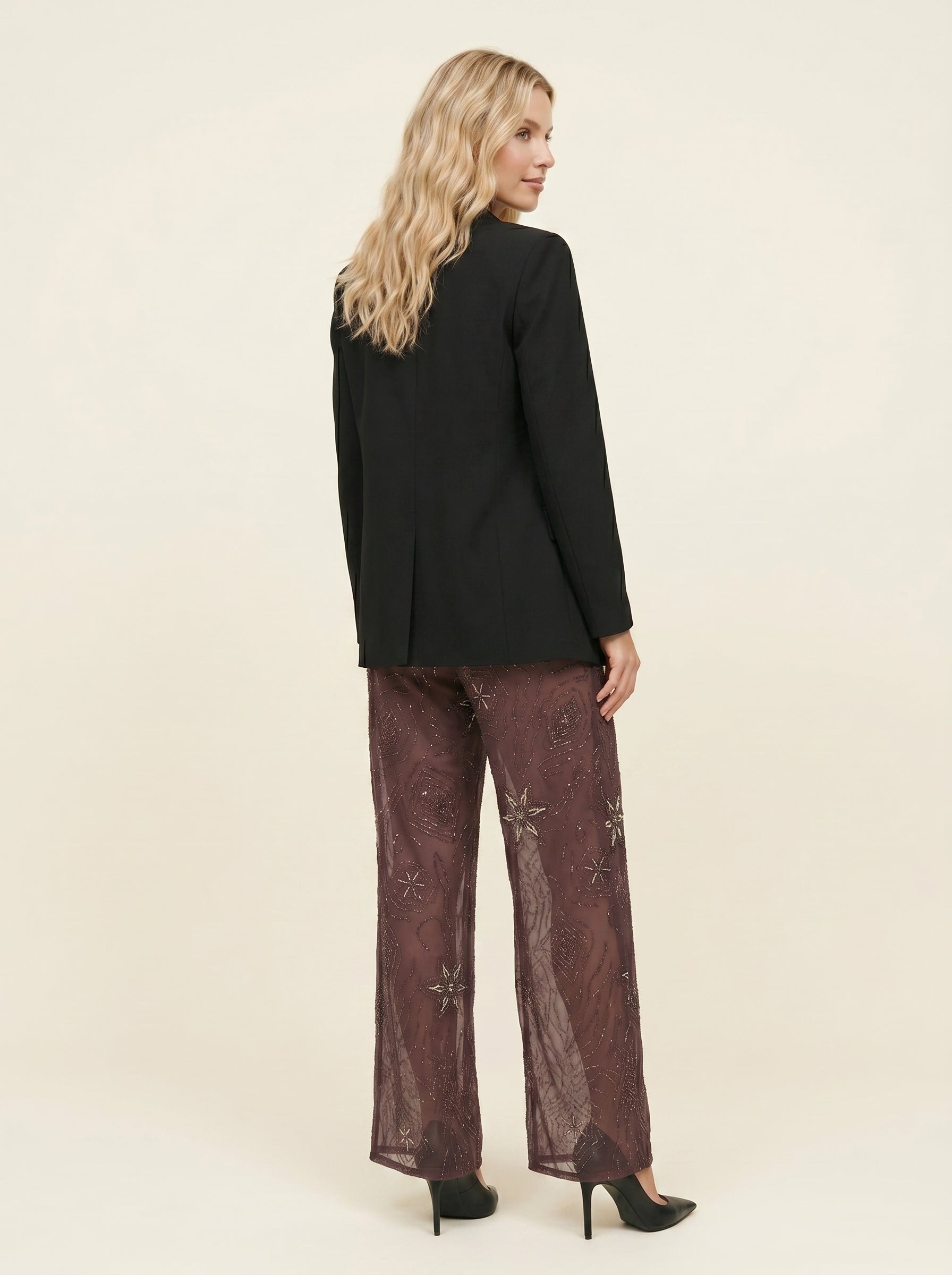 Pantalon Wide Leg à Sequins Brodés — Marron