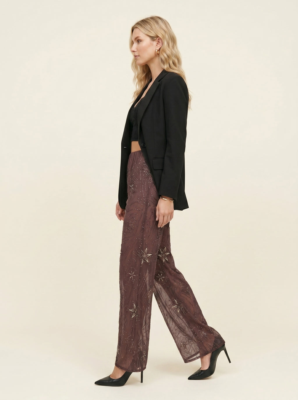 Pantalon Wide Leg à Sequins Brodés — Marron