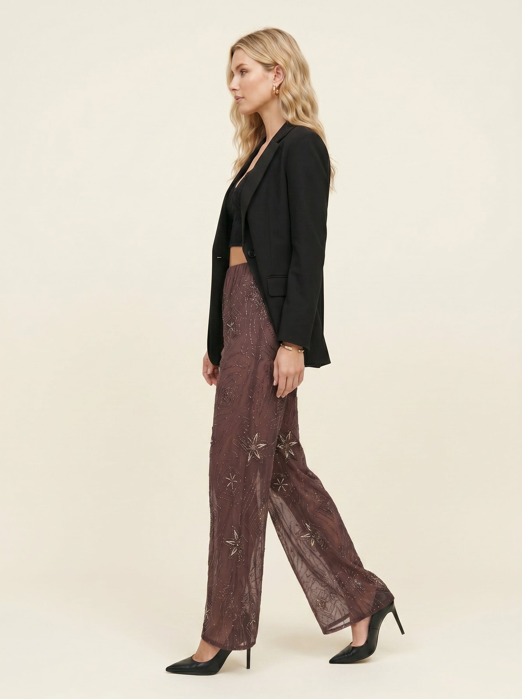 Pantalon Wide Leg à Sequins Brodés — Marron