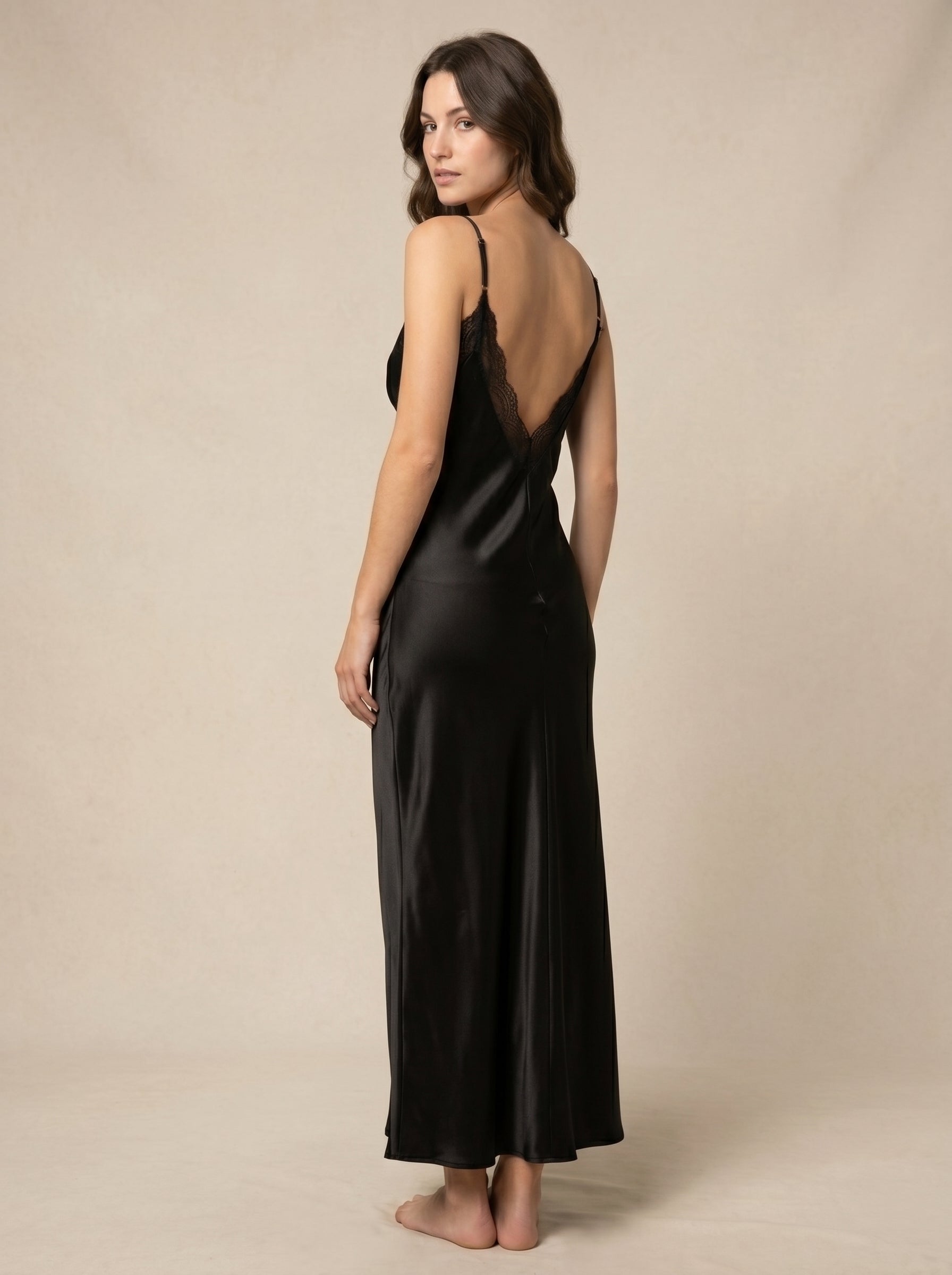 Robe Slip Maxi Satin & Dentelle — Noir