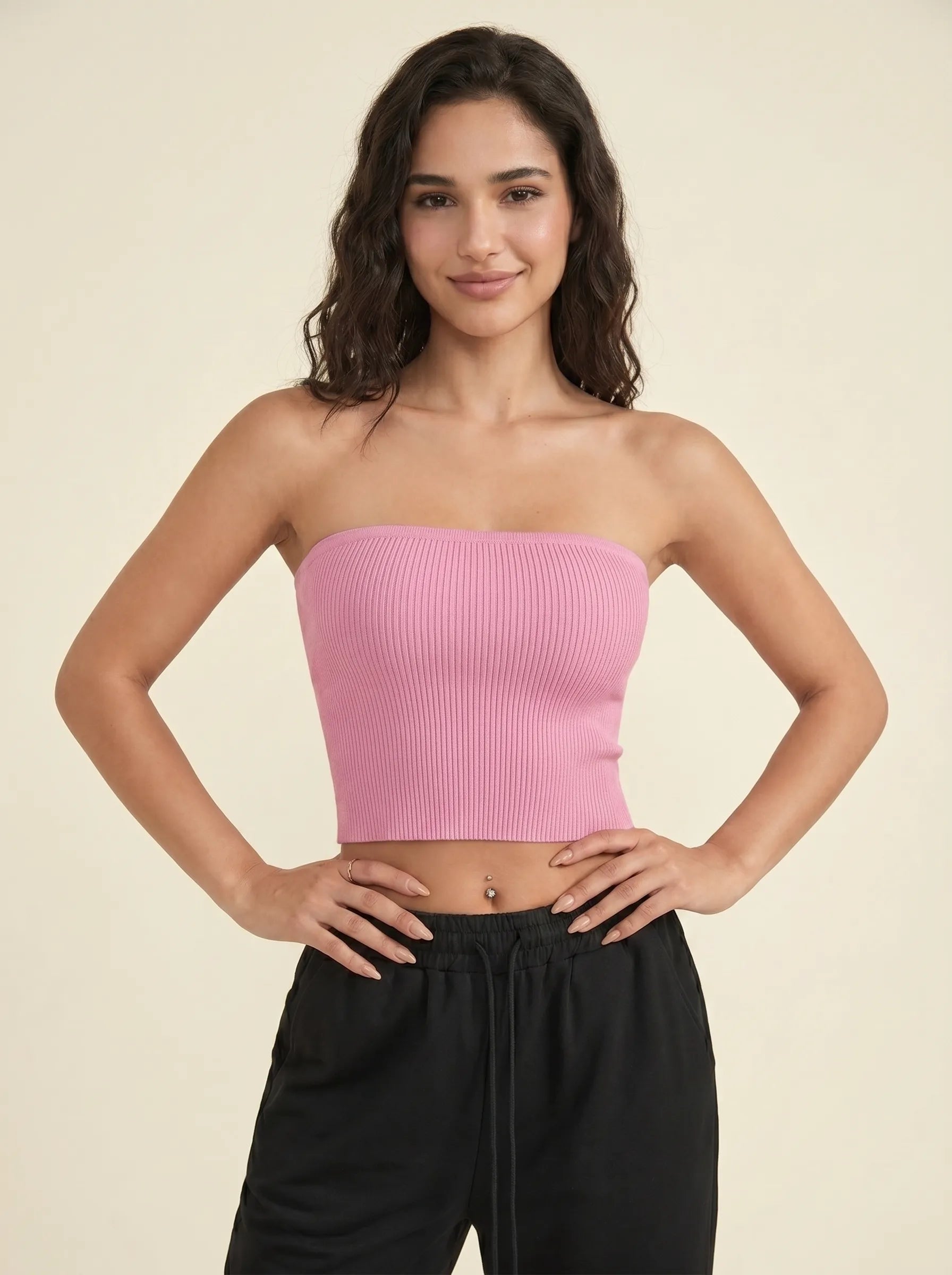 Bandeau Côtelé Sans Bretelles — Blanc / Rose